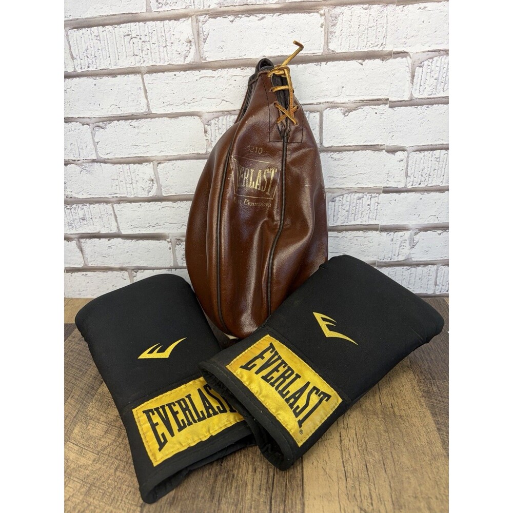 Vintage Everlast 4210 Genuine Leather Punching Speed Bag + Training Gloves S/M